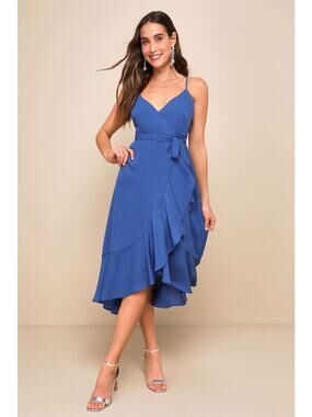 NWT Lulus Manhattan Moment Blue Ruffled Midi Wrap Dress Gala Banquet Size XS